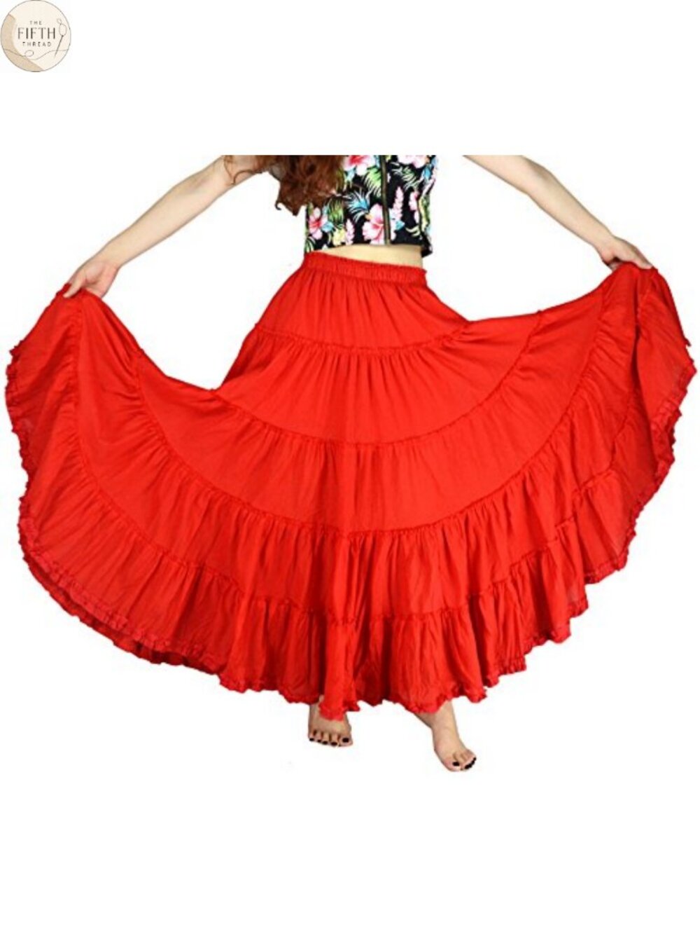 Women's Maxi Skirt Boho Pleated Cotton 5 Tiered Long A-Line Dance Skirts
